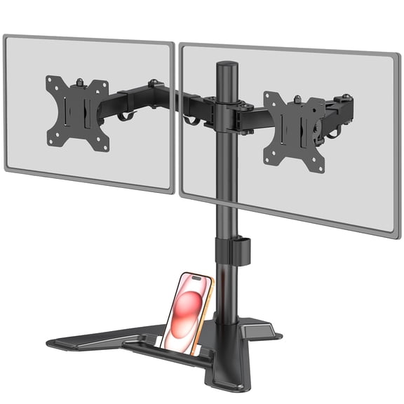 Mountory Dual Monitor Stand, Free-Standing Full Motion Monitor Desk Mount Fits 2 Screens up to 27", 17.6lbs with Height Adjustable, Swivel, Tilt, Rotation, VESA 75x75 100x100