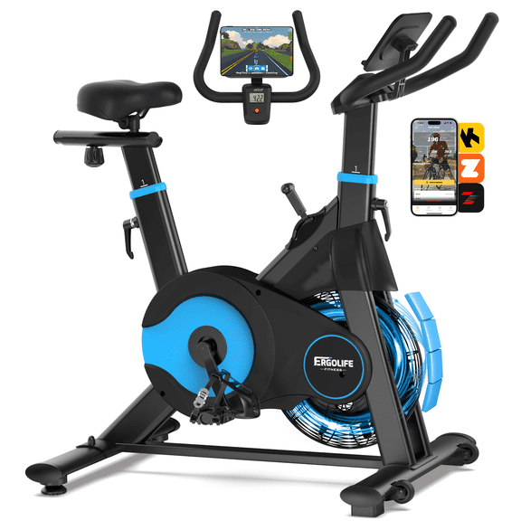 ERGOLIFE Air & Magnetic Resistance Exercise Bike, Compact Stationary Bike for Home with Exclusive App, Indoor Cycling Bike for Cardio Workout, 300lbs Weight Capacity, Tablet Holder & Low Noise
