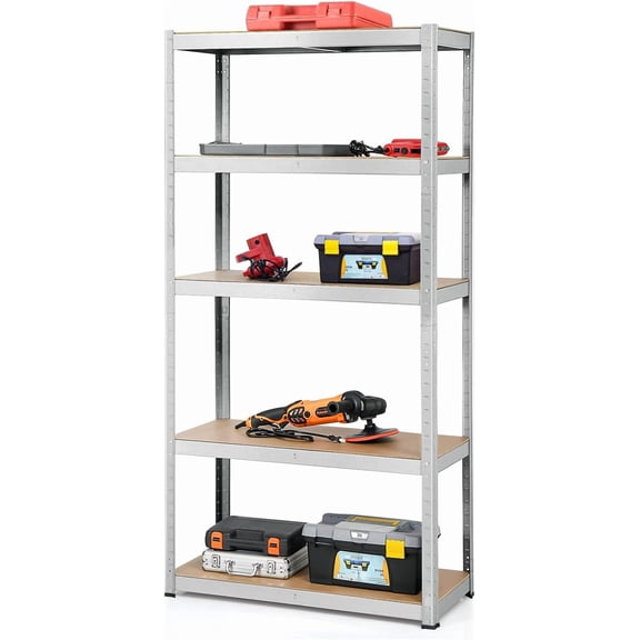 ERGOMASTER 5 Tier Utility Shelves Rack Garage Heavy Duty Steel Metal Shelving Unit with Adjustable Design, Bolt-Free Assembly & 385 LBS Wight Capacity Per Tier (1, Silver)