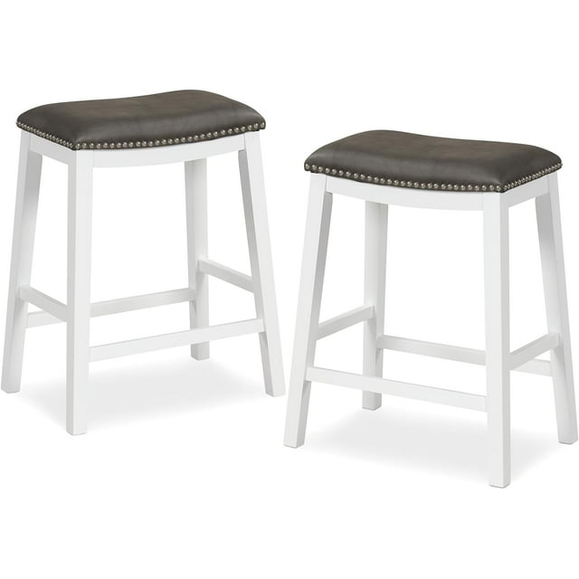 ERGOMASTER Bar Stools, 26 Inch Counter Height Saddle Stools, Solid Wood Legs with Leather Upholstered Seat for Kitchen Island (1, White + Grey)