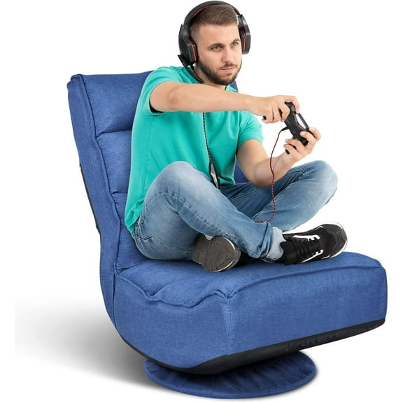ERGOMASTER Reclining Folding Floor Gaming Chair for Home, Office and Lounging, Reading w/ 360-Degree Swivel, 5 Adjustable Positions, Tufted Cushions （Blue）