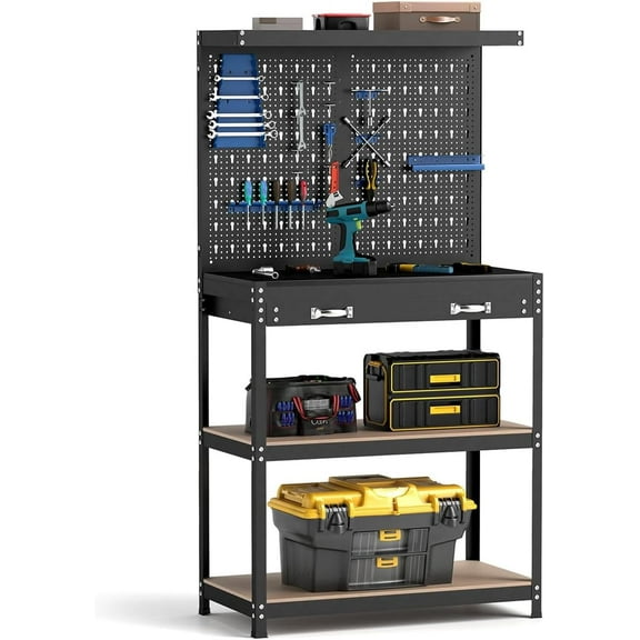 ERGOMASTER Work  with Drawers,Heavy Duty Garage Workbench with Pegboard, 965LBS Capacity Work Table for Garage, Home, Workshop, Auto Shop, Basement (Blue Standard Size with Drawer)