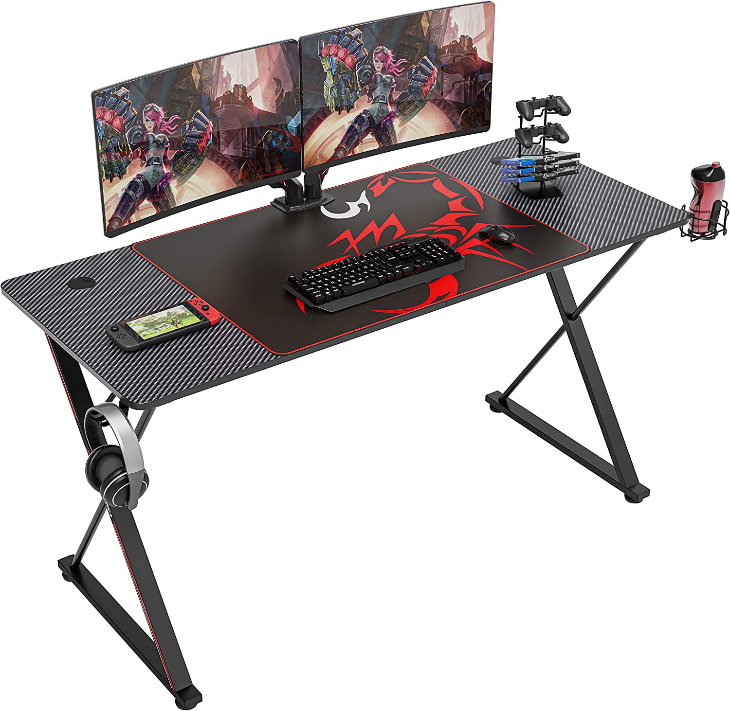 ERGONOMIC Gaming Desk 47 Inch PC Gaming X Shaped Gaming Computer Desk