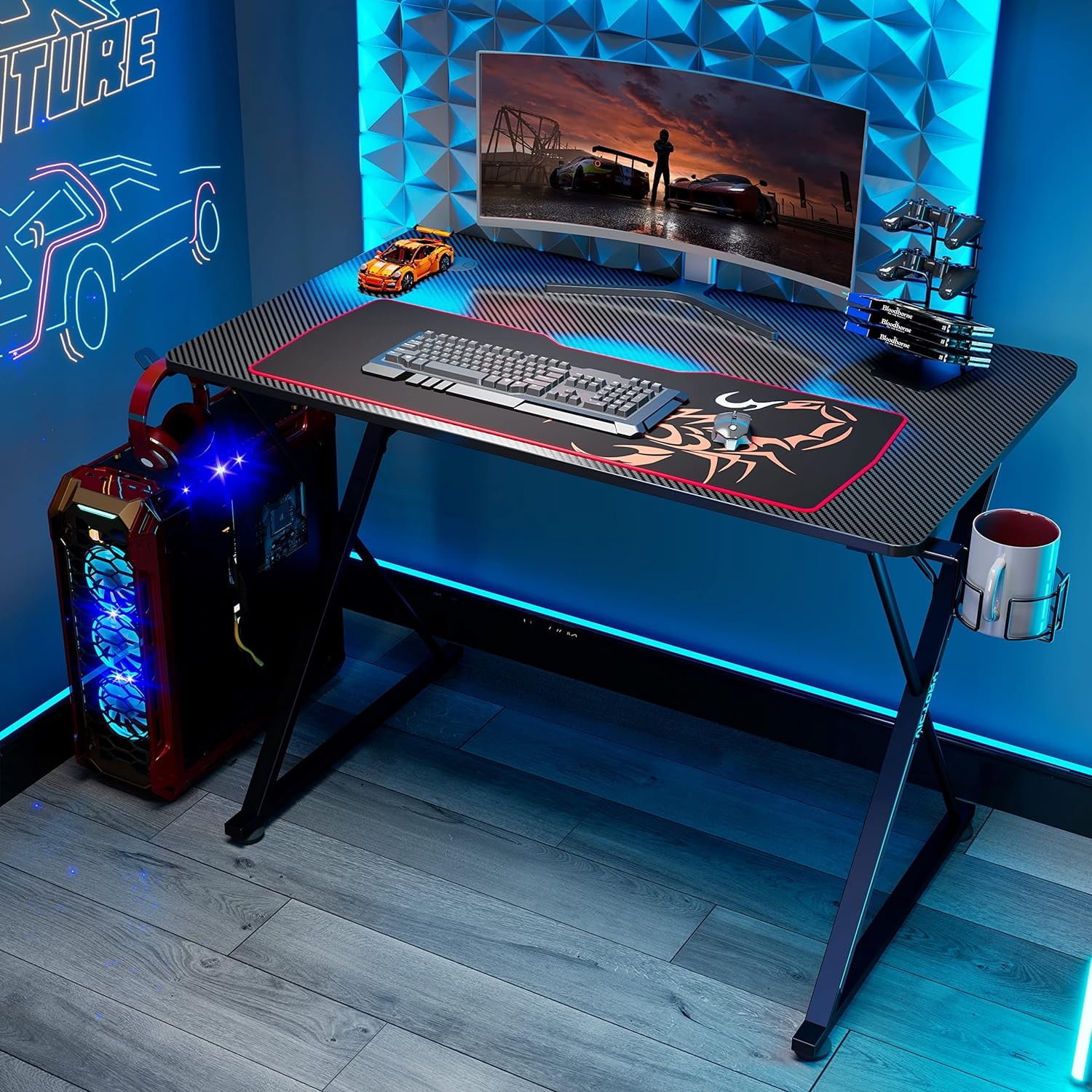 ERGONOMIC Gaming Desk 55 Inch PC Gaming X Shaped Gaming Computer Desk with Mouse Pad Carbon