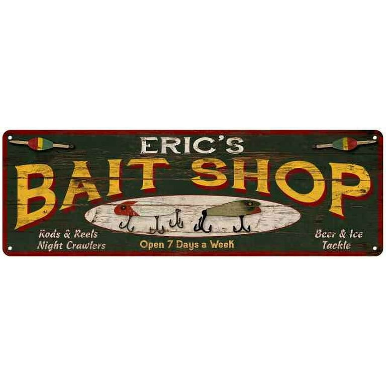 ERIC'S Bait Shop Sign Wood Look Man Cave Den Gift 6x18 Metal 206180024036 