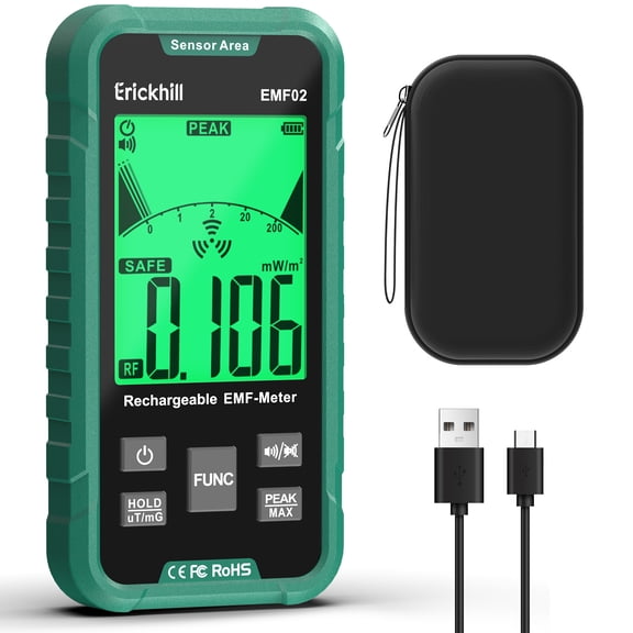 ERICKHILL EMF Detector, 3in1 Portable EMF Meter and Radiation Detector for RF, EF, MF, WiFi Signal EMF Reader with 3-Color SoundLight Alarm, Rechargeable Battery for Home, Office & Ghost Hunting