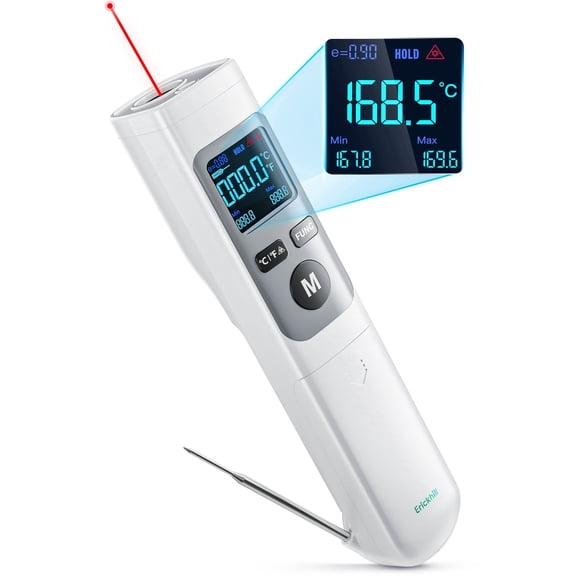 ERICKHILL Infrared Thermometer Gun, Heat Temp Temperature Gun with Meat Probe 2-in-1, Digital IR Laser Thermometer Gun for Cooking, Pizza Oven, Meat, Griddle, Grill, HVAC