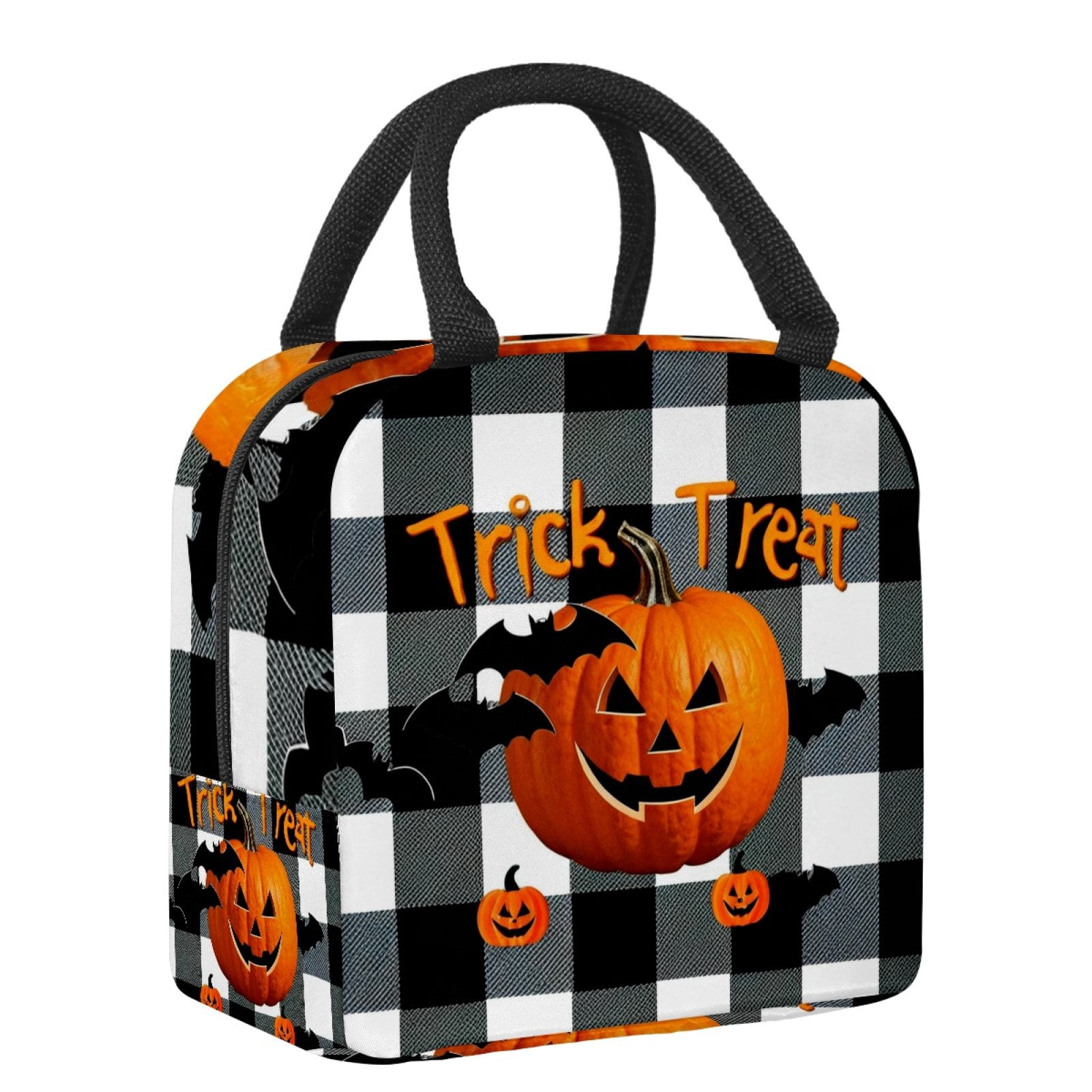 ERJLKXP Black and White Checkered Pumpkin Halloween Insulated Lunch Bags for Women and Men,Adult Reusable Lunch Tote Bag for Work,cooler bag