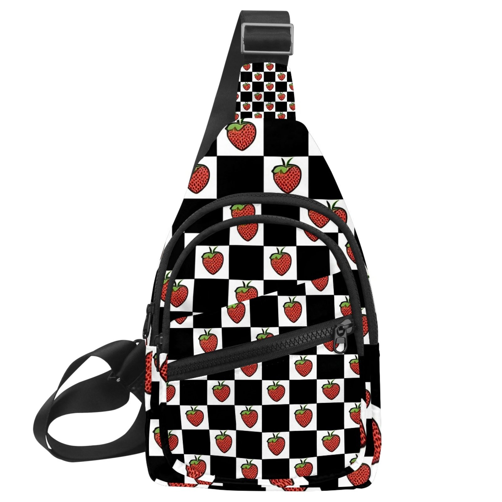 ERJLKXP Black and White Grid Strawberry Small Mens Women Crossbody Chest Bag, Travel Over Shoulder Sling Bag Backpack Men Side Bag,Daypack