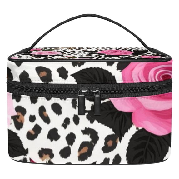 ERJLKXP Leopard Print Rose Makeup Bags Travel Cosmetic Bag Case, Large Capacity Organizer and Storage, Portable Pouch Toiletry bag for Women & Girls