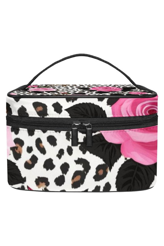 Leopard Print Rose Makeup Bags Travel Cosmetic Bag Case, Large Capacity Organizer and Storage, Portable Pouch Toiletry bag for Women & Girls