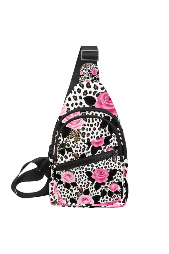 Leopard Print Rose Small Mens Women Crossbody Chest Bag, Travel Over Shoulder Sling Bag Backpack Men Side Bag,Daypack