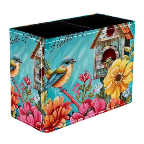 ERJLKXP Pen Holder for Desk Organizer,Hello Spring Flowers and Birds Pencil Cup Holder,Pen Desktop Storage Box for Home and Office Makeup Brush Holder