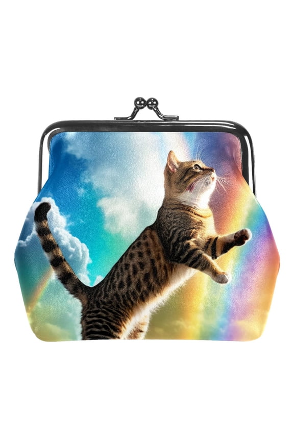 Rainbow Space Cat Small Coin Purse & Pouchese for Women and Girls,Leather Coin Wallet Travel Essentials for Change, Keys, Lipstick