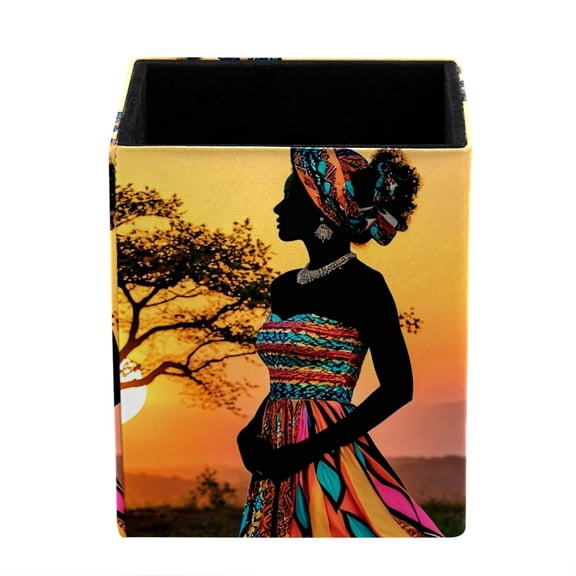 ERJLKXP Small Pen & Pencil Holder for Desk Organization,Grassland Sunset African Woman Desktop Stationery Storage for Office Supplies and Makeup Brush Organizer