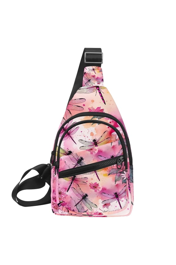 Watercolor Pink Dragonfly Small Mens Women Crossbody Chest Bag, Travel Over Shoulder Sling Bag Backpack Men Side Bag,Daypack