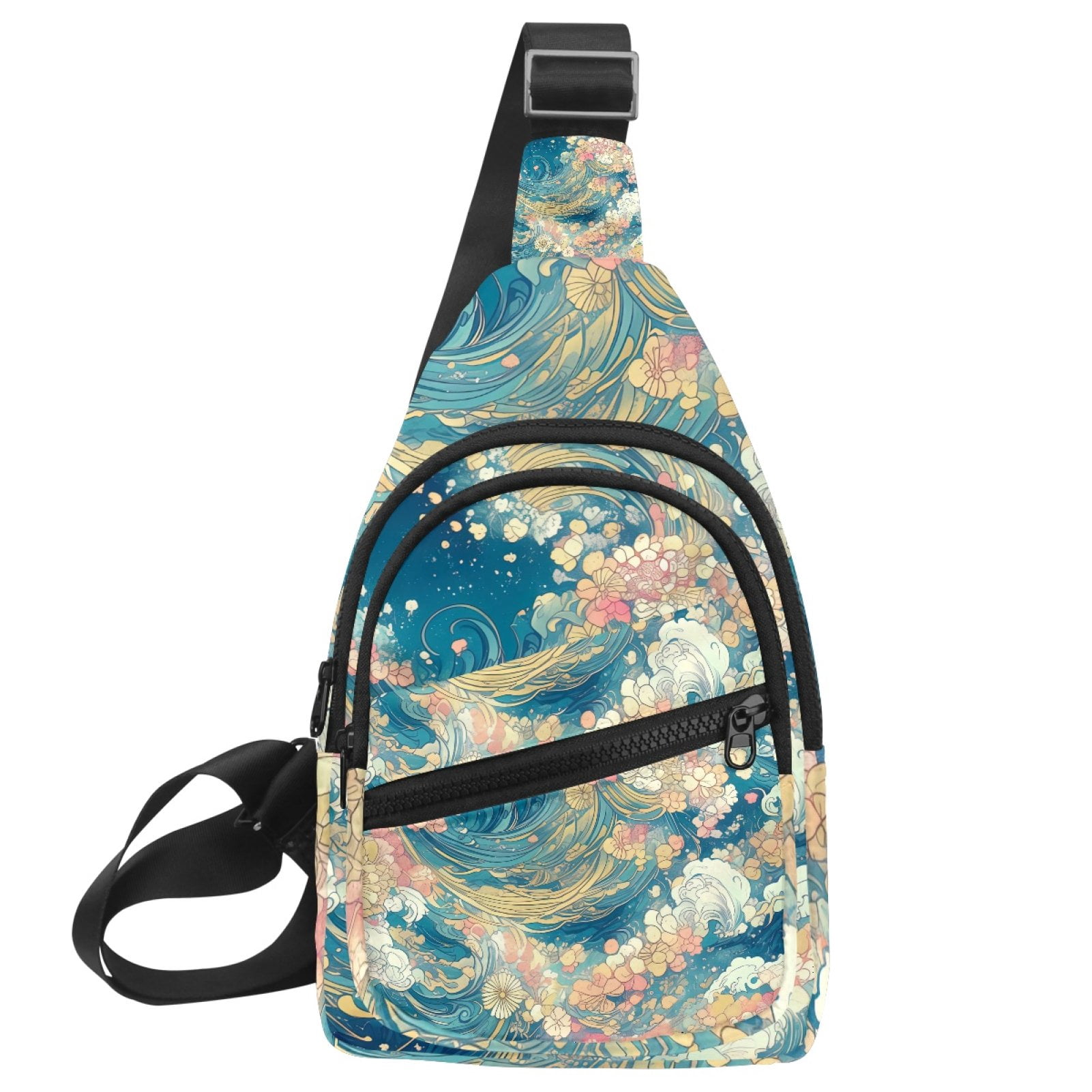 ERJLKXP Wave and Floral Vintage Japanese Abstract Small Mens Women Crossbody Chest Bag, Travel Over Shoulder Sling Bag Backpack Men Side Bag,Daypack