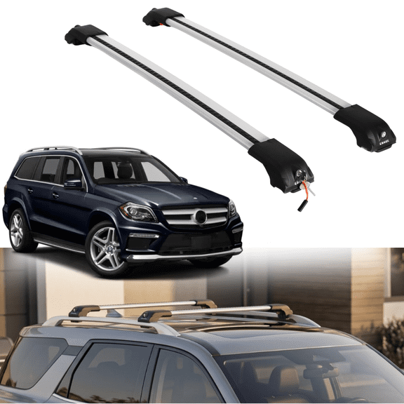ERKUL AeroGlide 220 lb Roof Rack Cross Bars for Mercedes-Benz GL-Class 2013-2016 | Anti-Theft Aluminum Crossbars with Smart Clamp System - Compatible with Raised Rails - Silver