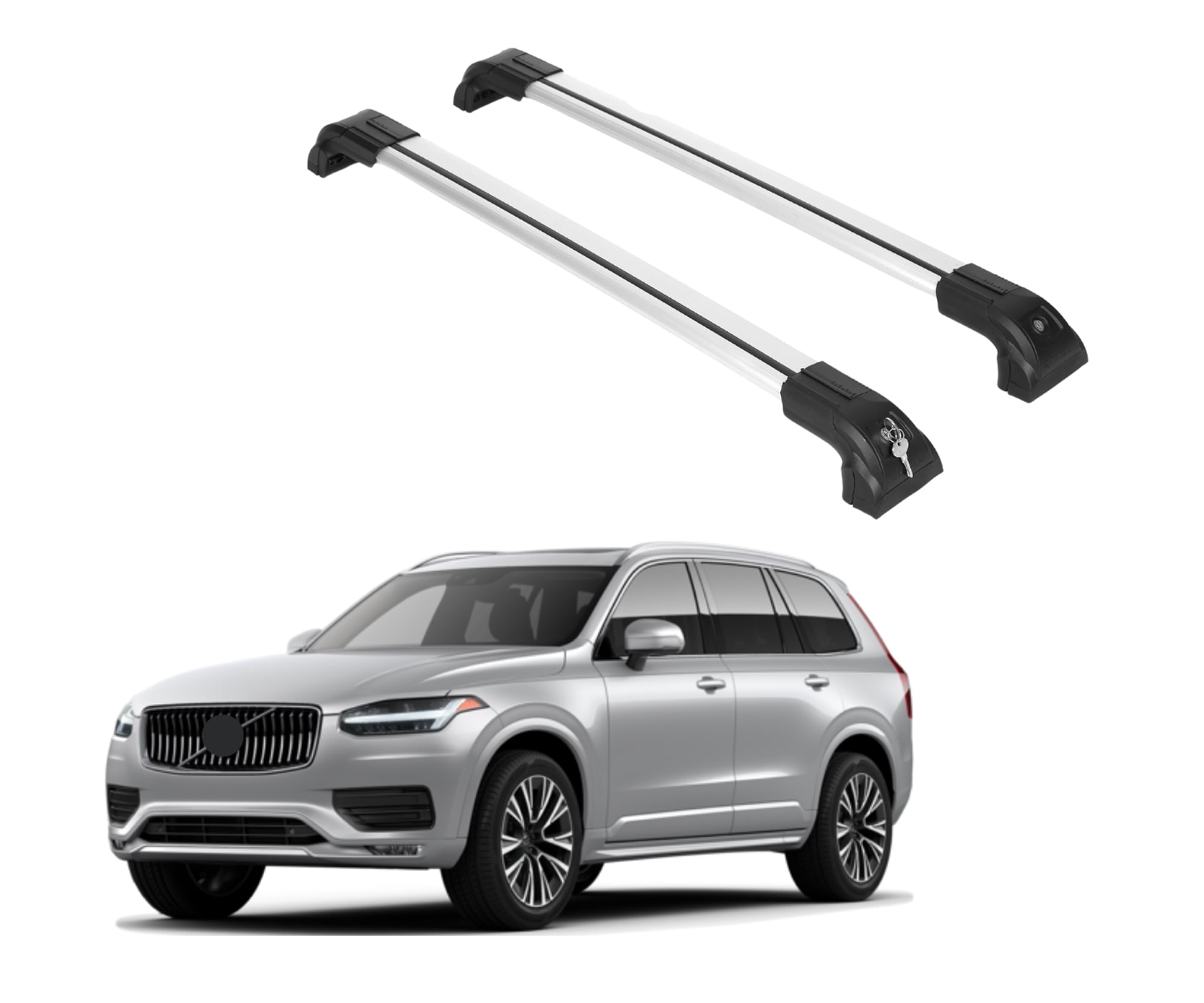 ERKUL Heavy Duty 220lbs Roof Rack Cross Bars for Volvo XC90 2016-2024 | Solid Metal Mounts | Aluminum Crossbars with Anti Theft Lock for Rooftop - Compatible with Flush Rails - Silver
