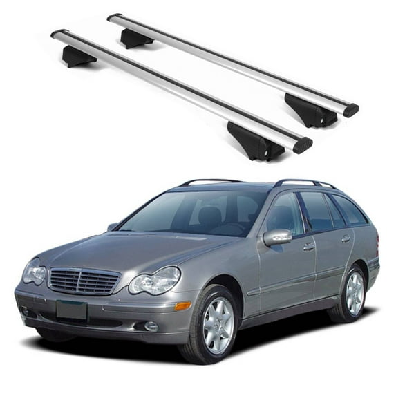 ERKUL Roof Rack Cross Bars for Mercedes Benz C-Class 2002-2012 | Aluminum Crossbars with Anti Theft Lock for Rooftop | Compatible with Raised Rails - Silver