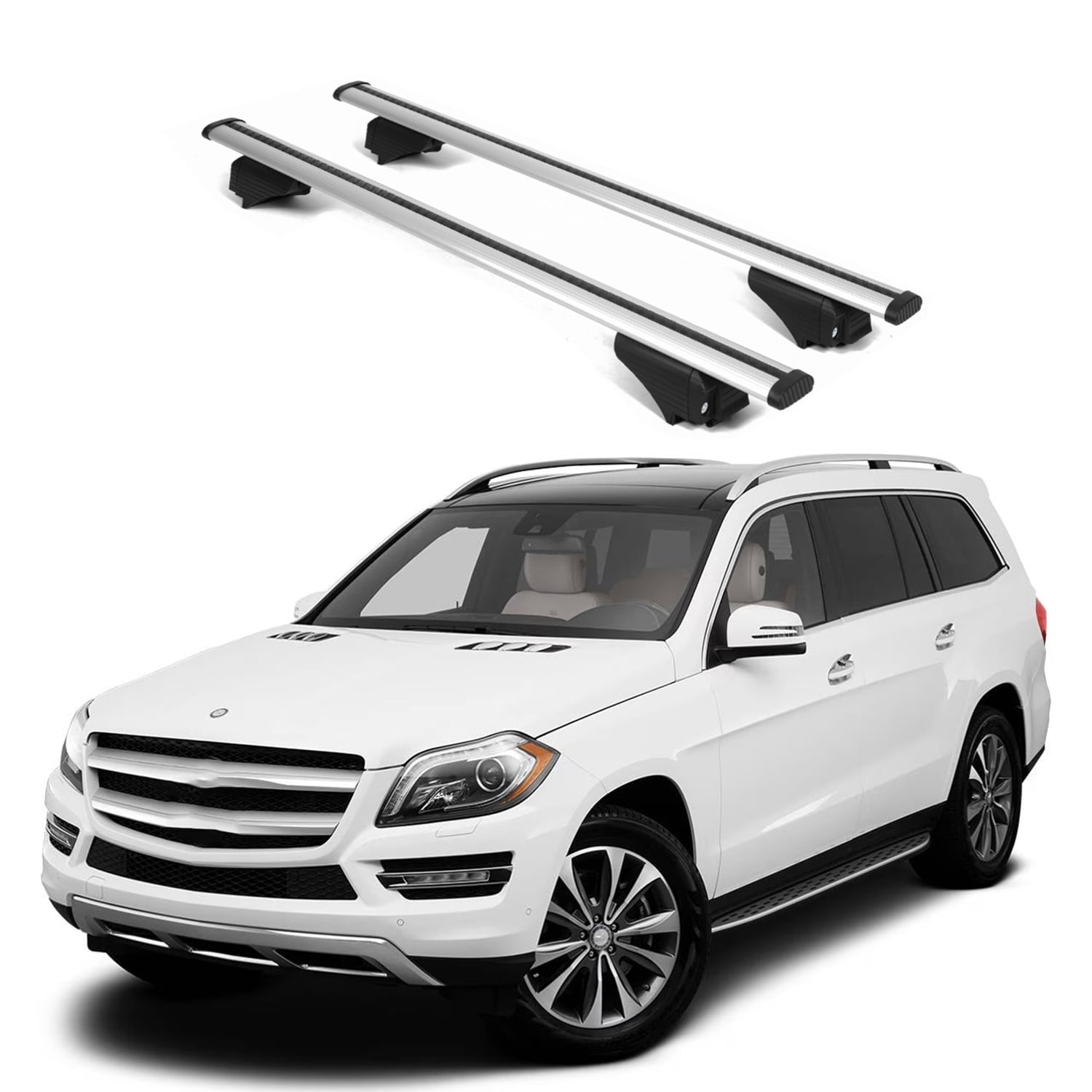 ERKUL Roof Rack Cross Bars for Mercedes Benz GL 2013-2016 | Aluminum Crossbars with Anti Theft Lock for Rooftop | Compatible with Raised Rails - Silver