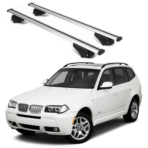 ERKUL Roof Rack Cross Bars for BMW X3 (E83) 2004-2010 | Aluminum Crossbars with Anti Theft Lock for Rooftop | Compatible with Raised Rails - Silver