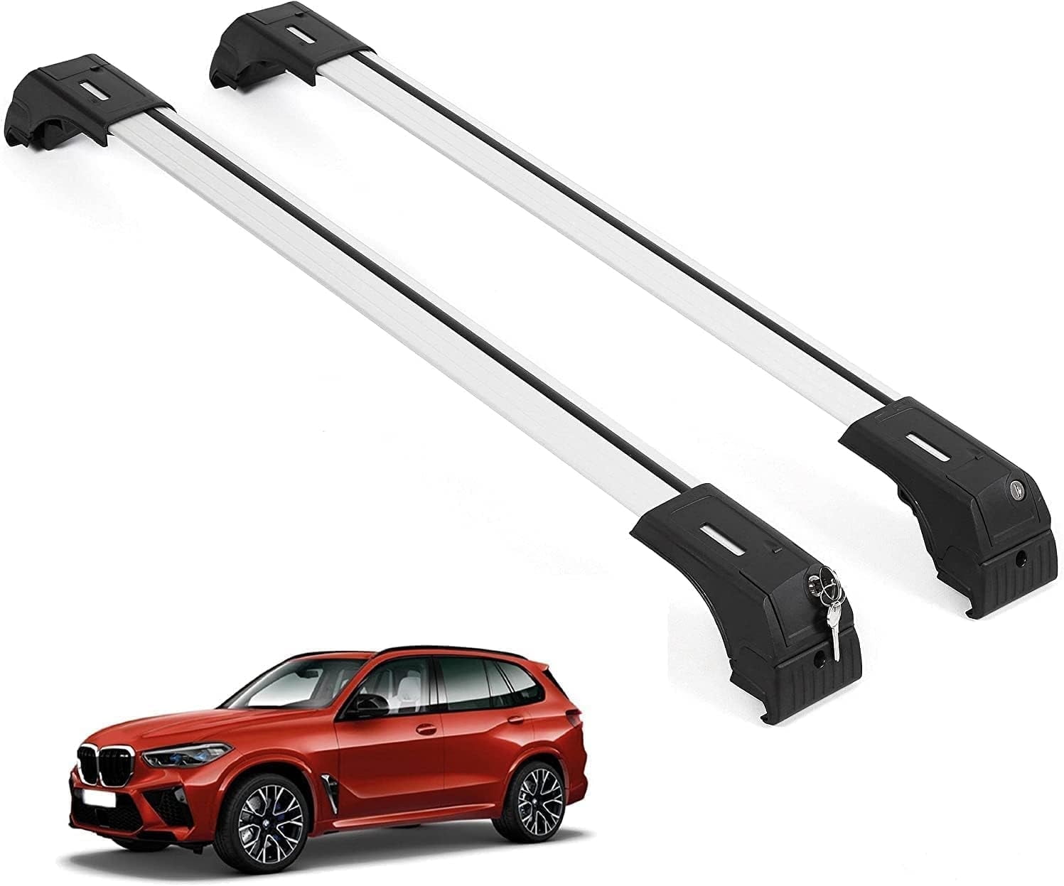 ERKUL Roof Rack Cross Bars for BMW X5 F15 2014-2018 | Aluminum Crossbars with Anti Theft Lock for Rooftop | Compatible with Flush Rails - Silver