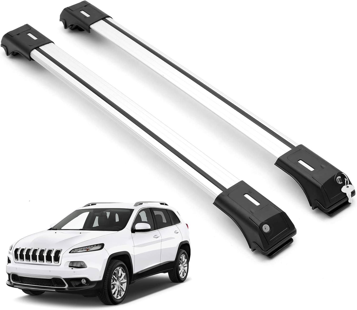 ERKUL Roof Rack Cross Bars for Jeep Cherokee 2014-2023 | Aluminum Crossbars with Anti Theft Lock for Rooftop | Compatible with Raised Rails - Silver