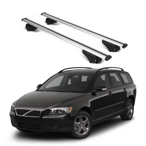 ERKUL Roof Rack Cross Bars for Volvo V50 SW 2005-2011 | Aluminum Crossbars with Anti Theft Lock for Rooftop | Compatible with Raised Rails - Silver