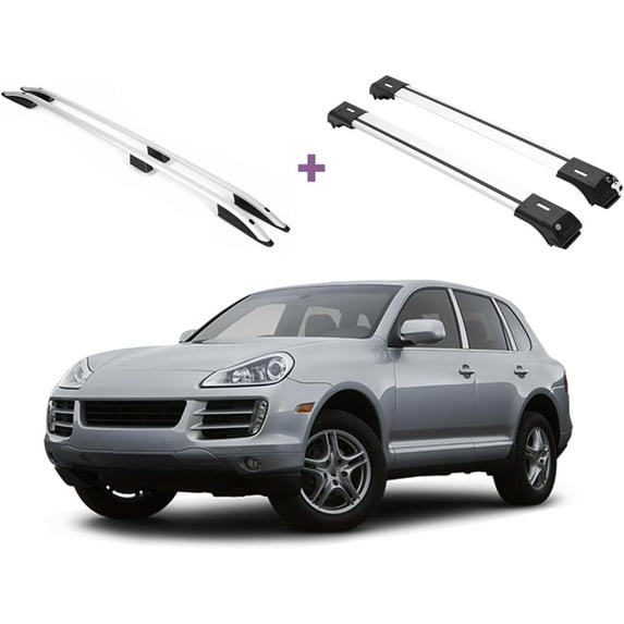 ERKUL Set of Roof Side Rails Rack + Cross Bars for Porsche Cayenne 2003-2010 | Complete Roof Rack System, Rooftop Luggage Carrier, Kayak, Canoe, Ski | Designed for Bare Roofs | Silver