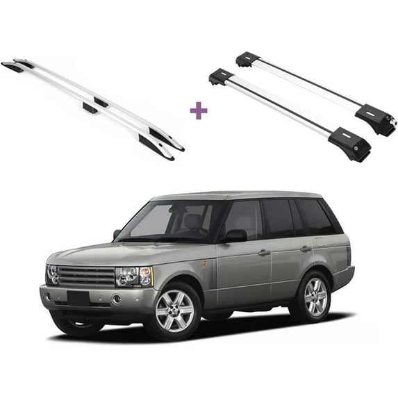 ERKUL Set of Roof Side Rails Rack + Cross Bars for Range Rover 2002-2012 | Complete Roof Rack System | Rooftop Luggage Carrier, Kayak, Canoe, Ski | Designed for Bare Roofs | Silver