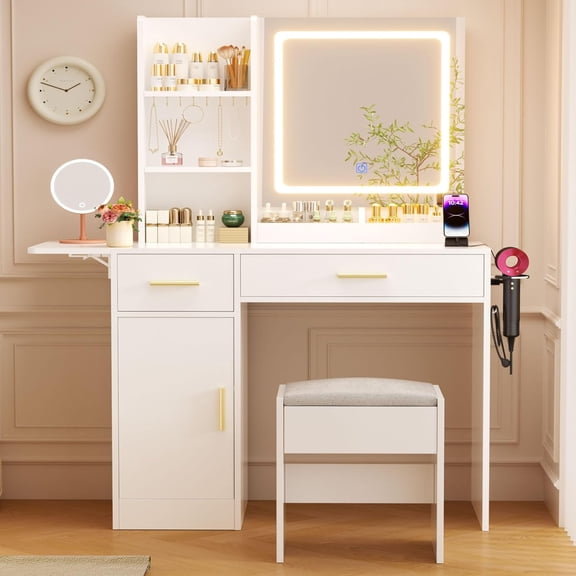 ERLEJIA Vanity Desk with Mirror and Lights & Extral Foldable Desk, 43.3" Makeup Vanity Table with Stool and Plug Outlet, 5 Drawers and 3 Open Shelves Dressing Table for Bedroom, White