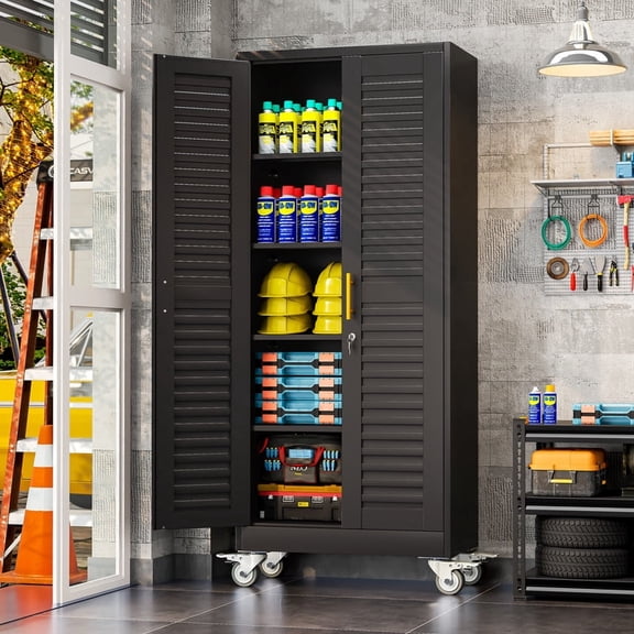ERO 71" H Metal Garage Storage Cabinet with Wheels and Doors and Adjustable Shelves