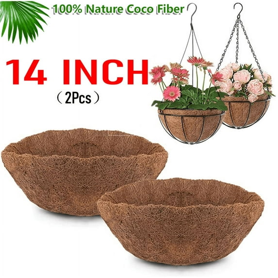 EROCK 2pcs 14" Round Coco Coir Liners Replacement for Hanging Basket, 100% Natural Pre-Formed Coconut Fiber Planter Liners for Garden Flower Vegetables Pot/Wall Hanging Baskets/Fence Flower Baskets