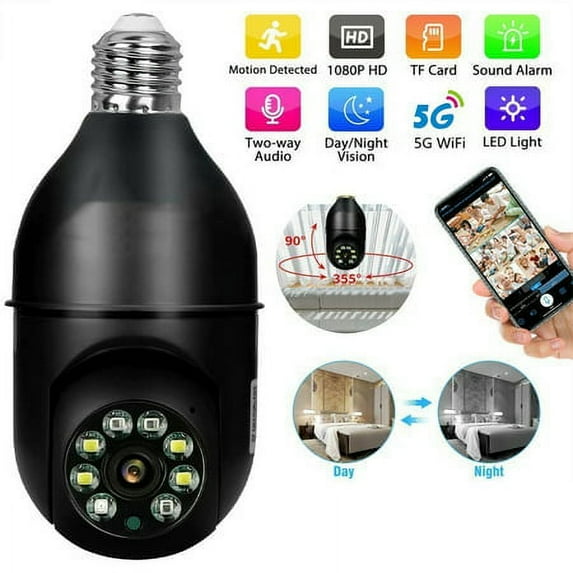 EROCK 5G Wireless E27 Light Bulb Camera,1080P HD WiFi Security Camera for Outdoor Home,360° Panoramic,Support 5GHz 2.4GHz(Black)