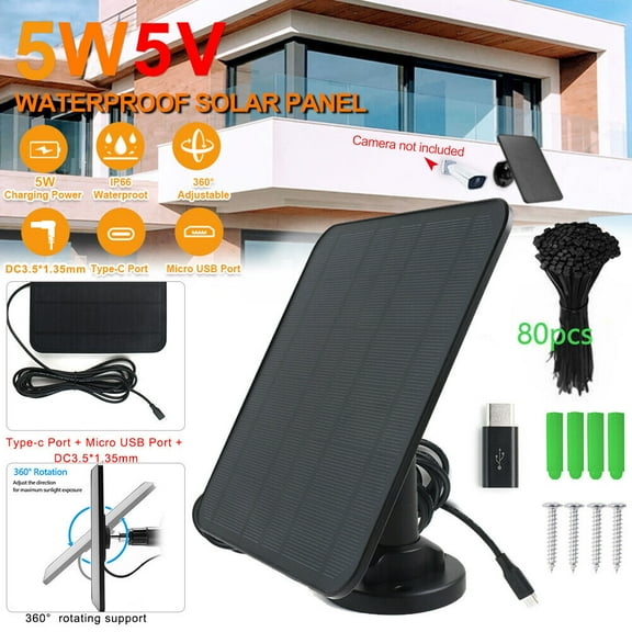 EROCK 5W 5V Solar Panel Charger with Micro USB,USB-C Port for Outdoor Security Camera