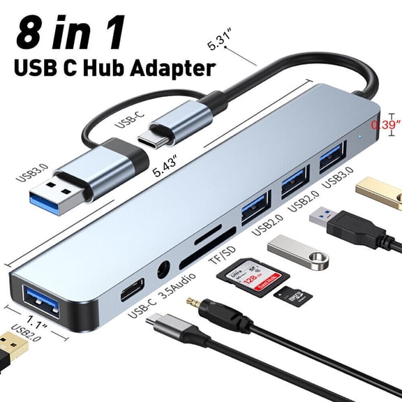 EROCK Multiport TF/SD Card Reader USB-C Hub Type C To USB 8 in 1 3.0/2.0 3.5mm Audio