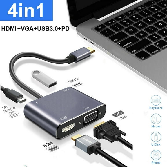 EROCK USB 3.0 Type C USB C To VGA HDMI Multiport Adapter 4K UHD Converter Port MacBook