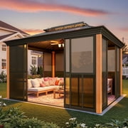 EROMMY 10' X 12' Sunroom, Hardtop Gazebo Solarium with Detachable Windows & Light Galvanized Steel Double Roof