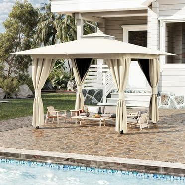 Erommy Outdoor Gazebo 10'x10', Double Roof Patio Gazebo with Mosquito Nettings and Privacy Screens,Kahaki