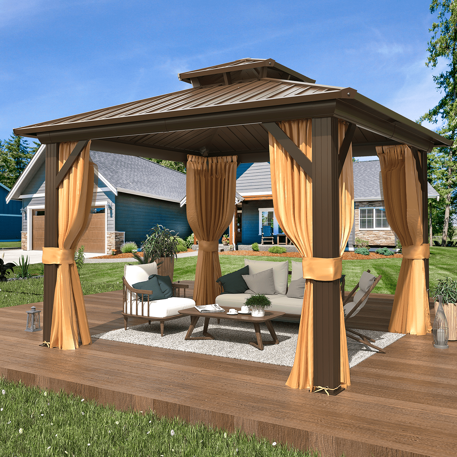 EROMMY 10' x 10' Hardtop Gazebo, Galvanized Steel Double Roof Gazebo with Aluminum Frame, Permanent Outdoor Metal Pavilion with Curtain and Netting for Patio, Lawn and Garden