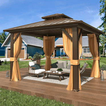 EROMMY 10' x 10' Hardtop Gazebo, Galvanized Steel Double Roof Gazebo with Aluminum Frame, Permanent Outdoor Metal Pavilion with Curtain and Netting for Patio, Lawn and Garden