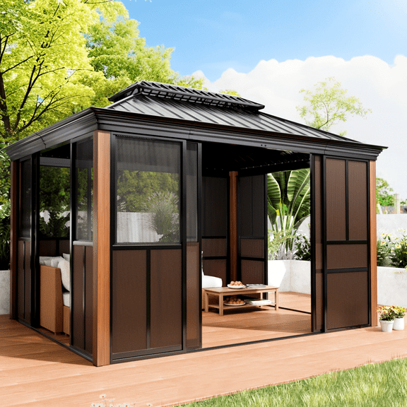 EROMMY 10'x 12' Sunroom, with Front Door, Side Entrance, Galvanized Steel Double Top, Wood Grain Appearance, Aluminum Alloy Frame, Solarium Backyard Sun Room