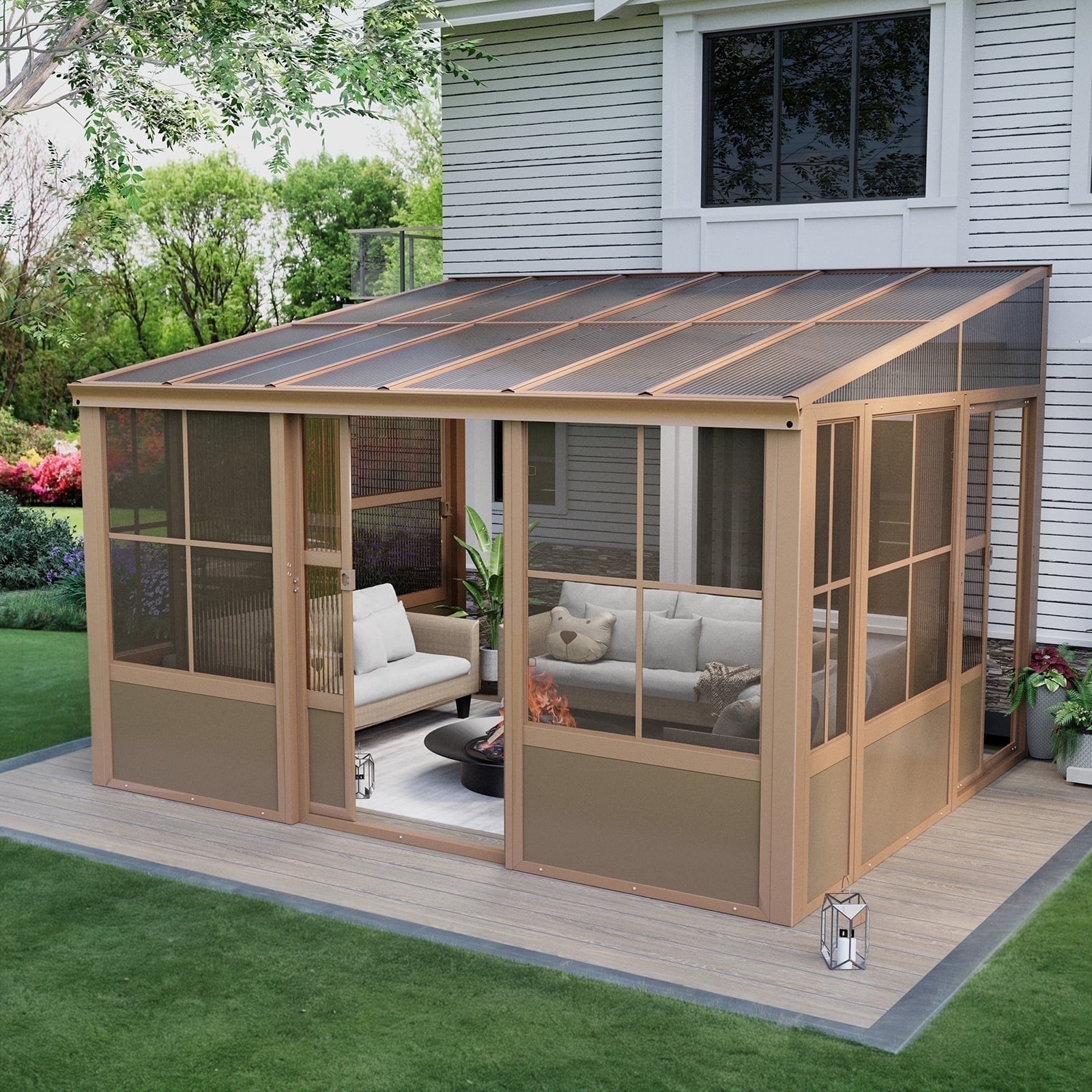 EROMMY 10' x 12' Sunroom, Wall Mounted Gazebo Solarium with Drainage Trough, Polycarbonate Roof, Lean to pergola for Garden, Permanent Sun Room with Lockable Sliding Doors, Brown