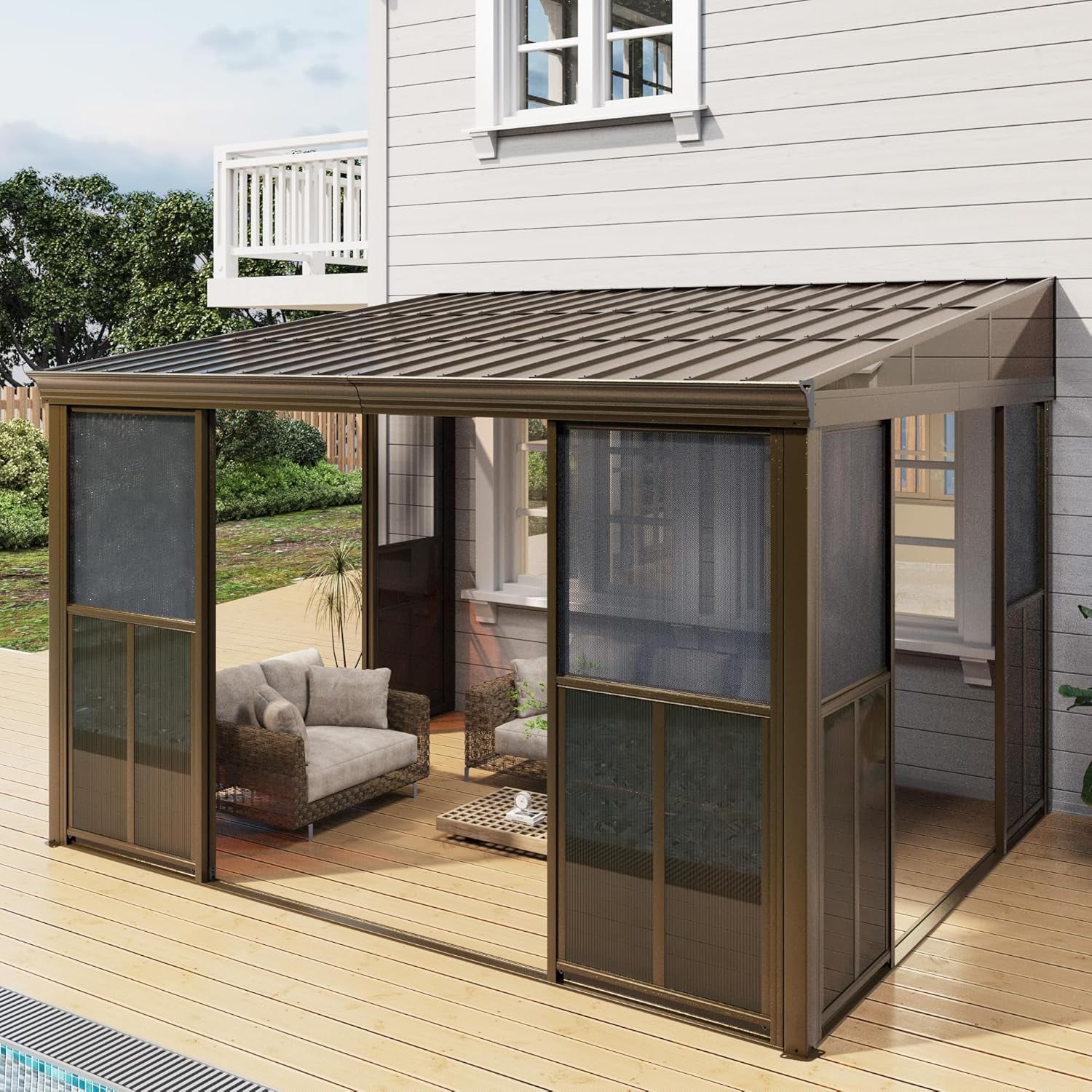 EROMMY 10' x 12' Wall Mounted Gazebo, All-Season Patio Gazebo Sunroom with Side Door, Outdoor Permanent Sunroom