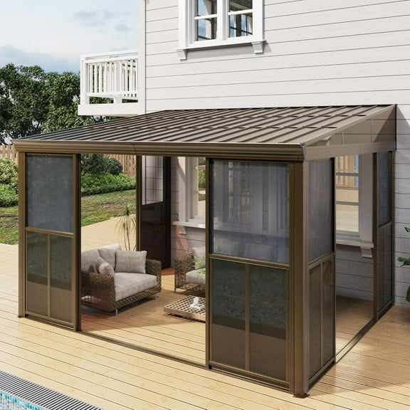 EROMMY 10' x 12' Wall Mounted Gazebo, All-Season Patio Gazebo Sunroom with Side Door, Outdoor Permanent Sunroom