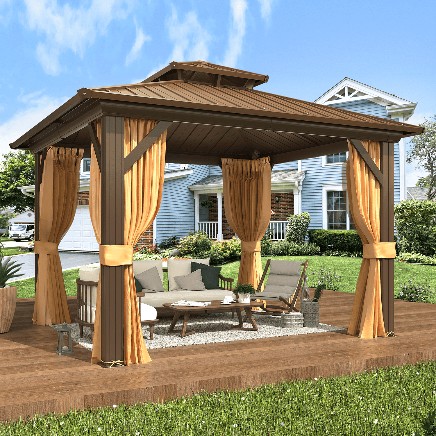10' x 10' Brown Aluminum and Steel Hardtop Gazebo