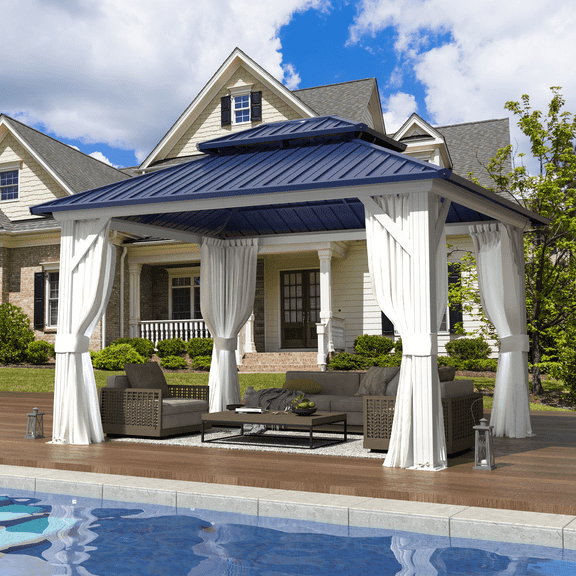 EROMMY 10'x12' Hardtop Gazebo , Galvanized Steel Double Roof Metal Gazebo with Aluminum Frame, Permanent Outdoor Pavilion for Patio Lawn and Garden, Blue