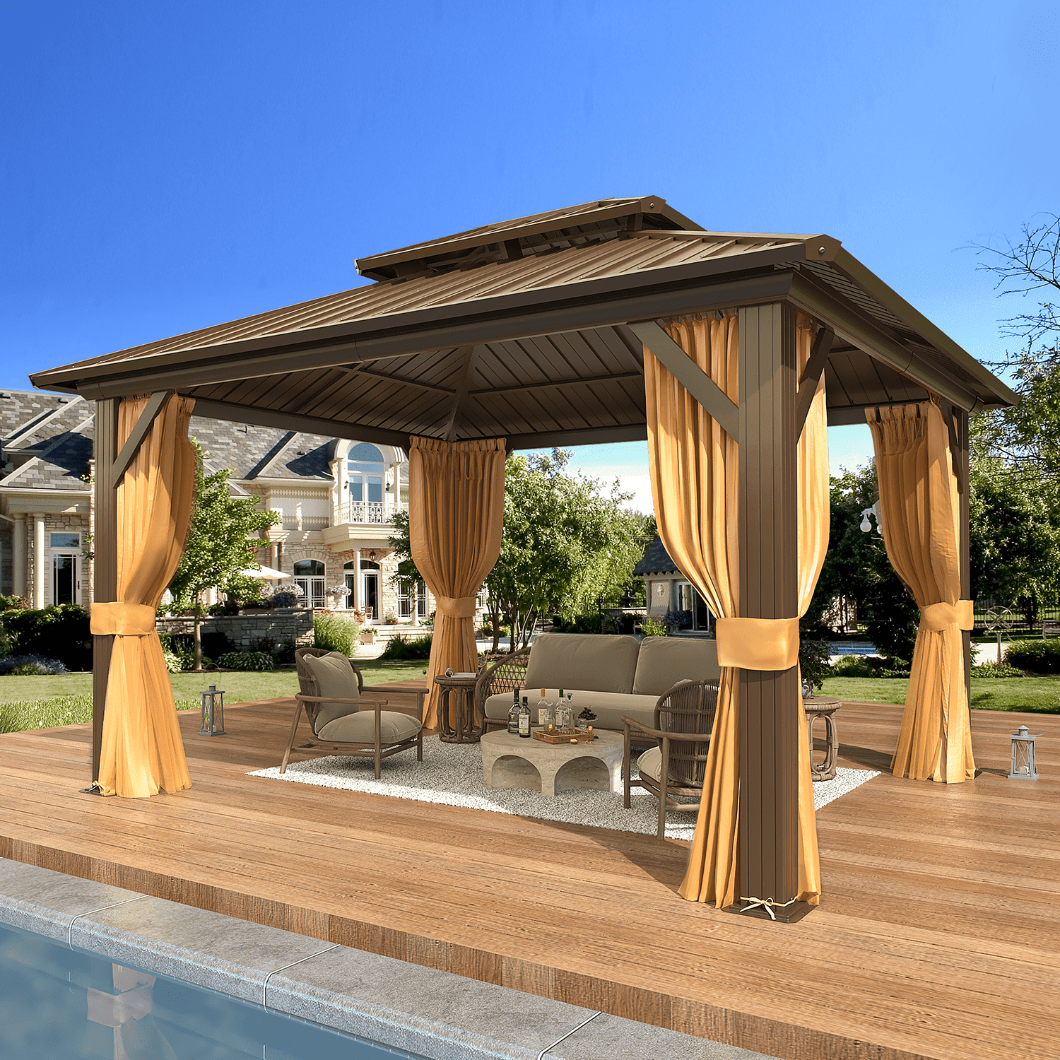 10' x 12' Brown Metal Hardtop Gazebo with Curtains and Nettings