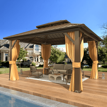 EROMMY 10' x 12' Hardtop Gazebo with Galvanized Steel Double Roof & Aluminum Frame, Outdoor Gazebo with Premium Curtains and Nettings